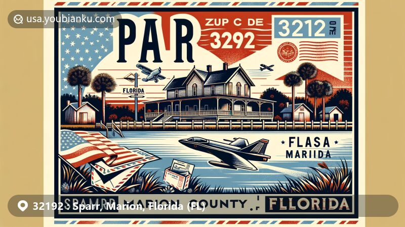 Modern illustration of Sparr, Marion County, Florida, representing ZIP code 32192 with Florida symbols and postal elements in a wide-format design.