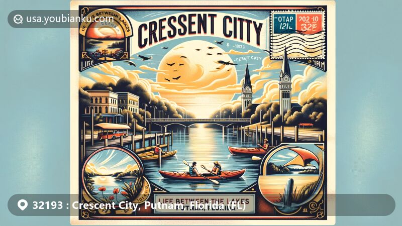 Modern illustration of Crescent City, Putnam, Florida, highlighting postal theme with ZIP code 32193, featuring Crescent Lake and Lake Stella.