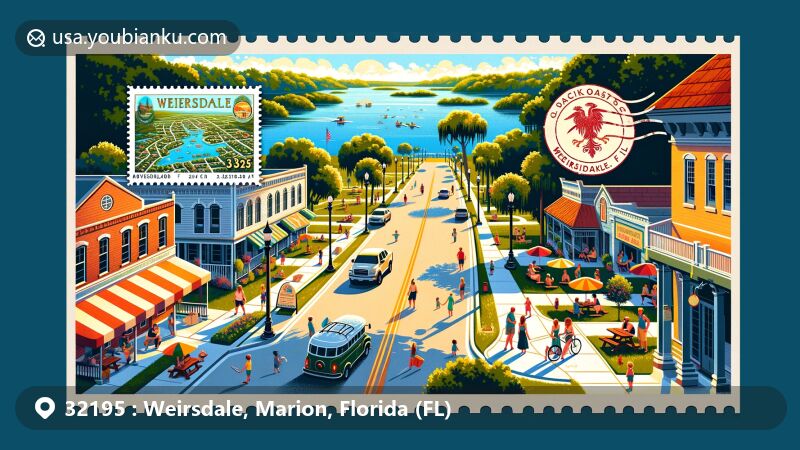 Modern illustration of Weirsdale, Florida ZIP code 32195, featuring The Grand Oaks Resort and Weirsdale Park, showcasing small-town charm, lush greenery, and Florida's natural beauty.