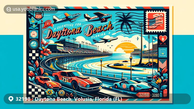 Modern illustration of Daytona Beach, Florida, showcasing postal theme with ZIP code 32198, featuring Daytona International Speedway, scenic beachfront, and racing heritage.