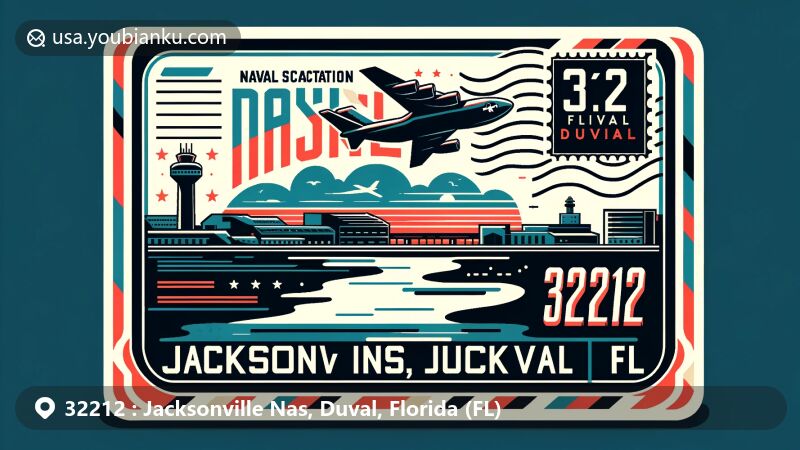 Creative illustration of Jacksonville Nas, Duval, FL, centered around Naval Air Station with airmail theme, featuring iconic silhouette against St. Johns River outline and Florida state flag elements.