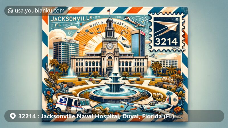 Creative illustration of Jacksonville Naval Hospital in Duval County, Florida, featuring Friendship Fountain, Florida Theatre, palm trees, sun, and postal elements like airmail envelope, postage stamp, postmark, and vintage postal truck.