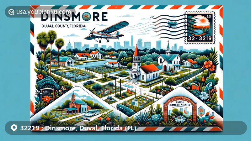 Modern illustration of Dinsmore area in Duval County, Florida, highlighting Dinsmore Park & Community Center, local landmarks like Dinsmore Cemetery, Elementary School, Baptist Church, and Floridian environment.
