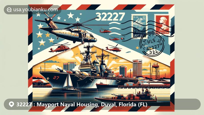 Modern illustration of Mayport Naval Housing area in Duval County, Florida, featuring postal elements with '32227' ZIP code, showcasing Naval Station Mayport, USS The Sullivans, USS Lassen, littoral combat ships, air facility, and Florida state map.