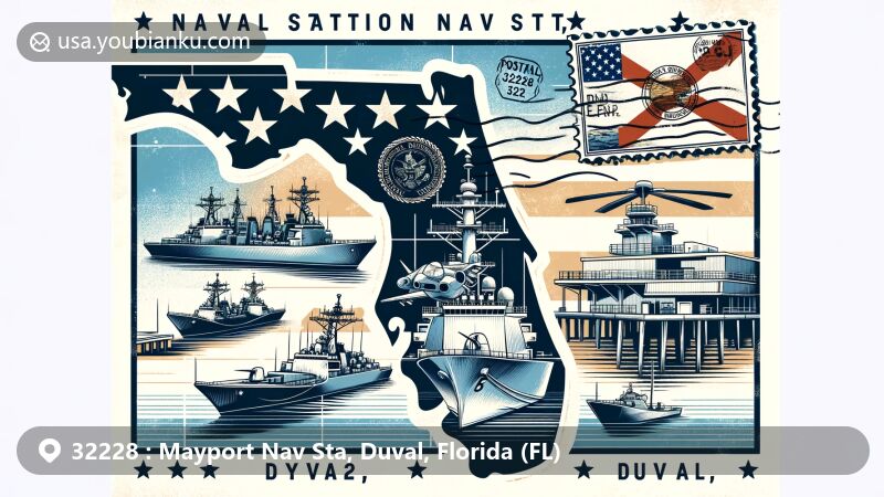 Modern illustration of Mayport Nav Sta, Duval, Florida, blending regional and postal themes with Florida state flag, maritime symbols, and Naval Station Mayport details.