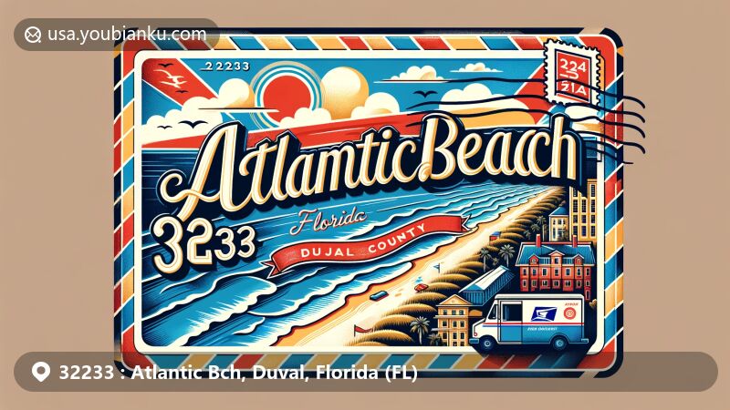 Creative illustration of Atlantic Beach, Duval County, Florida, showcasing ZIP code 32233 with coastal beauty and vibrant postal theme, featuring Florida state flag and postal symbols.