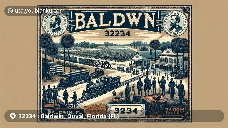 Vintage-style postcard illustration of Baldwin, Duval, Florida, showcasing the iconic railroad crossing and historical and cultural essence, merging Floridian landscape with agricultural roots, Civil War references, and modern postal motifs.
