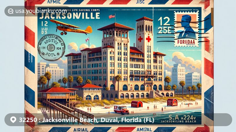 Modern illustration of Jacksonville Beach area with Casa Marina Hotel and American Red Cross Volunteer Life Saving Corps Station, featuring beach boardwalk, airmail envelope, ZIP code 32250, Florida state flag, mailboxes, and mail trucks.