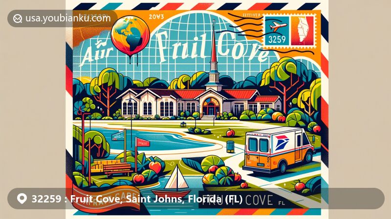 Vivid illustration of Fruit Cove, Saint Johns County, Florida, featuring Marywood Retreat Center and postal theme with ZIP code 32259, incorporating Florida state symbols.