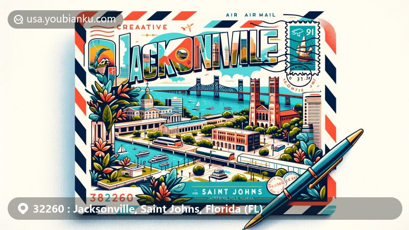 Modern illustration of Jacksonville and Saint Johns, Florida, in a creative postcard style, highlighting Huguenot Memorial Park, Fort Caroline National Memorial, and the St. Johns River.