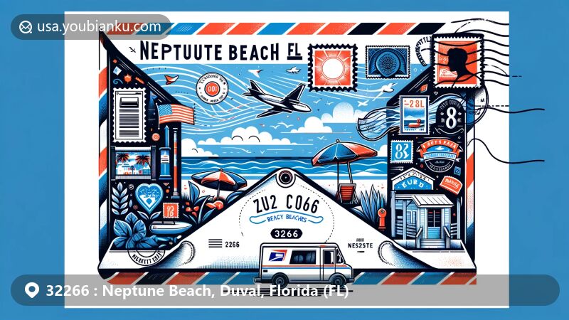 Modern illustration of Neptune Beach, Florida, featuring sunny beaches and seaside atmosphere, presented as an airmail envelope with postal elements and ZIP code 32266, including symbolic imagery of mailbox and mail van.