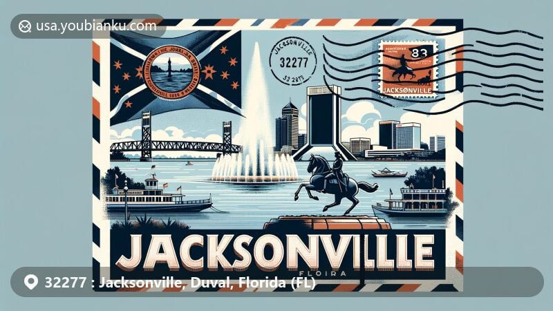 Modern illustration of Jacksonville, Duval, Florida (FL) ZIP code 32277, showcasing iconic landmarks and cultural elements, including St. Johns River, Friendship Fountain, and Jacksonville city flag.