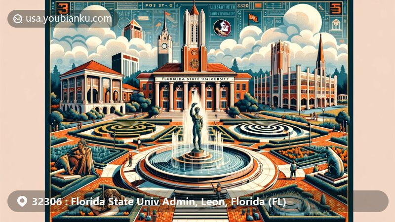 Modern illustration of ZIP code 32306 area, showcasing Florida State University (FSU) campus life and architectural beauty in Tallahassee, Leon County, Florida, featuring iconic landmarks like Westcott Fountain, Integration Statue, Dodd Hall, FSU Labyrinth, Strozier Library, Legacy Fountain, and Unconquered Statue within vintage airmail envelope border with postmark.