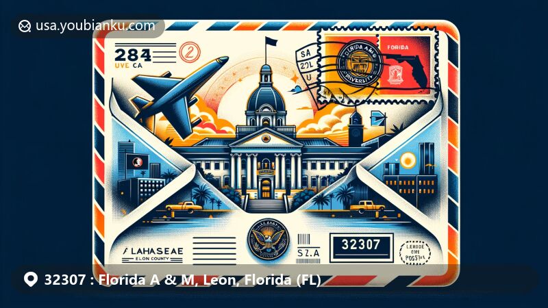 Modern illustration of Lee Hall at Florida A&M University in Tallahassee, Florida, showcasing airmail envelope with ZIP code 32307, combining regional characteristics with postal culture.