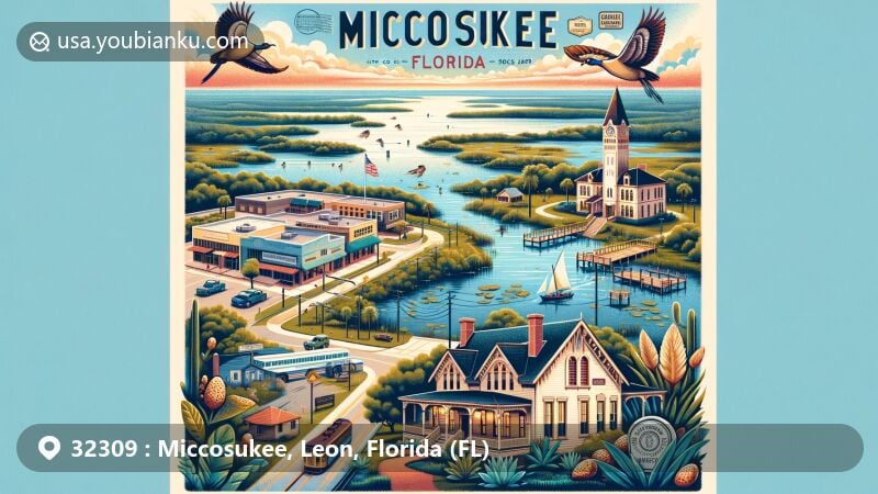 Modern illustration of Miccosukee, Florida, showcasing key landmarks like the Village of Miccosukee, Lake Miccosukee, and references to Native American history, Civil War significance, and transformation over the years.