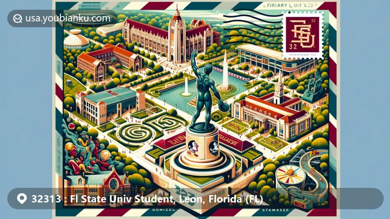 Modern illustration inspired by Florida State University in Tallahassee, Florida, capturing iconic landmarks and cultural elements for ZIP Code 32313.