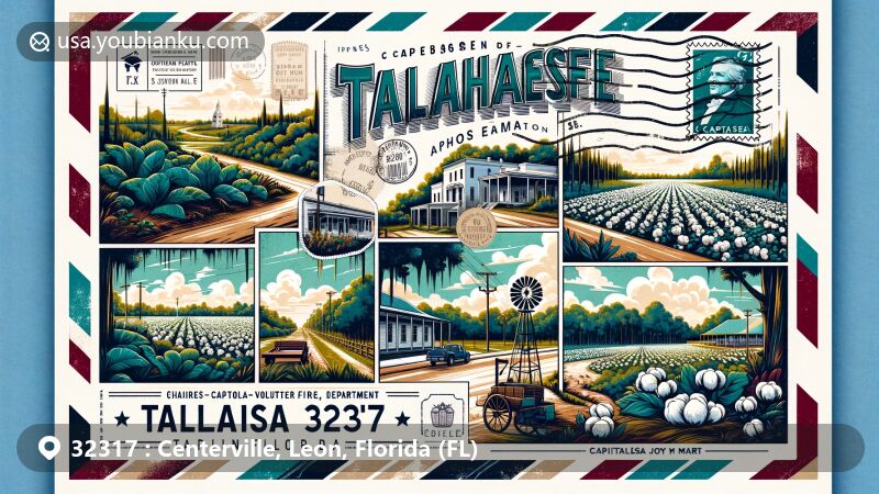 Modern illustration of Tallahassee, Florida area with ZIP code 32317, inspired by postcard and air mail envelope aesthetics, featuring Evergreen Hills Plantation, local flora and fauna, and Capitola Joy Mart.