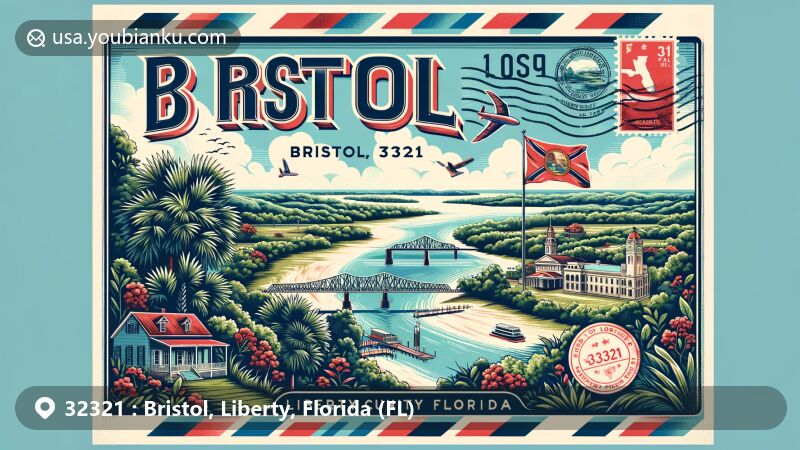 Vibrant illustration of Bristol, Liberty County, Florida, featuring Apalachicola River and lush landscapes, with iconic state elements and vintage postal theme, including airmail envelope with Bristol's ZIP code 32321.