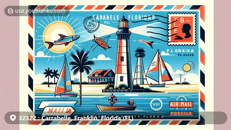 Modern illustration of Carrabelle, Florida, featuring Crooked River Lighthouse, fishing, sailing, and beach symbols, with sun, palm trees, and blue waters, portraying coastal lifestyle.