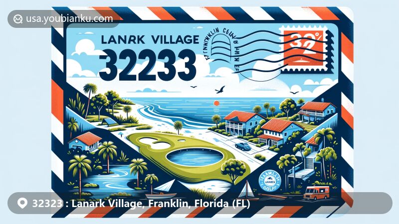 Modern illustration of Lanark Village, Franklin County, Florida, inspired by airmail envelope design, with Gulf of Mexico scenery, Lanark Village Golf Course, and Florida's natural beauty.