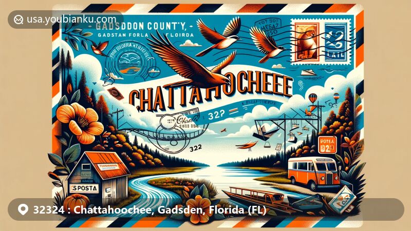 Modern illustration of Chattahoochee, Gadsden County, Florida, with ZIP code 32324, featuring vintage airmail envelope with Florida symbols like orange blossom and mockingbird, set against backdrop of Apalachicola River.