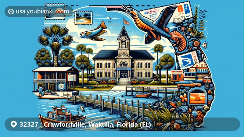 Modern illustration of Crawfordville and Wakulla County, Florida, portraying historic courthouse with cypress weathervane, natural beauty with parks, rivers, and beaches, and postal theme featuring ZIP code 32327.