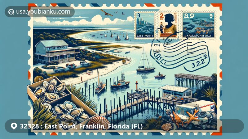 Modern illustration of East Point, Florida, showcasing postal theme with ZIP code 32328, featuring Apalachicola National Estuarine Research Reserve, Indian Creek Park, seafood culture, and panoramic views of Apalachicola Bay.