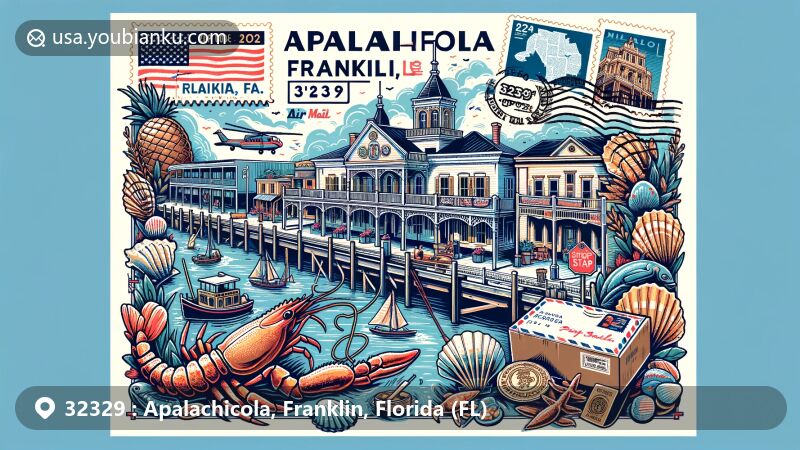 Vibrant illustration of Apalachicola area, Franklin, Florida, with ZIP code 32329, featuring historic buildings and maritime culture elements like shrimp boats and oyster shells.