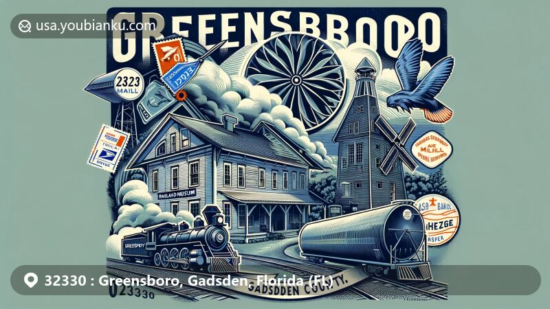 Modern illustration of Greensboro, Gadsden County, Florida, capturing the essence of postal heritage with ZIP code 32330, blending Greensboro Depot Railroad Museum and Shepard's Mill against a backdrop of artistic postcard design.