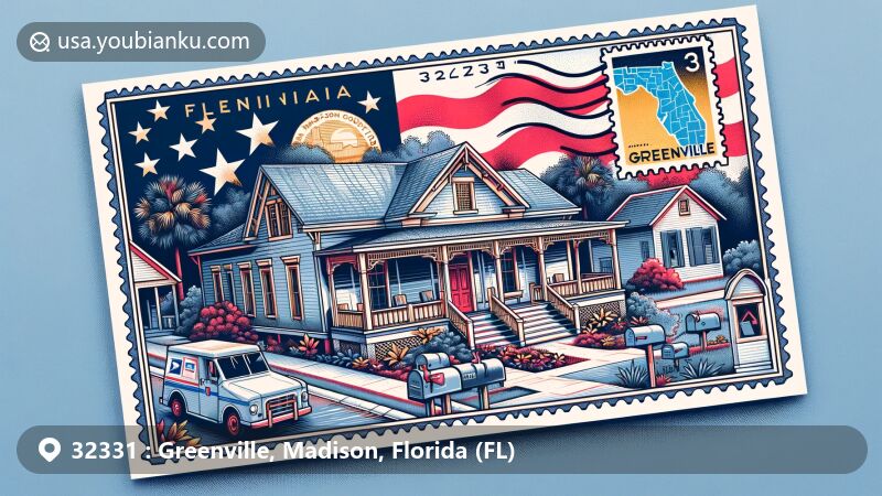 Modern illustration of Greenville, Madison County, Florida, capturing the essence of ZIP code 32331 with Ray Charles' childhood home, Florida state flag, Madison County outline, postmarks, stamps, mailboxes, and mail trucks.