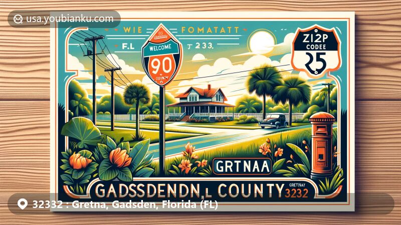Modern illustration of Gretna, Gadsden County, Florida, featuring the welcoming sign on U.S. Route 90, lush greenery, subtropical climate, E.C. Love House, and postal theme with ZIP code 32332.