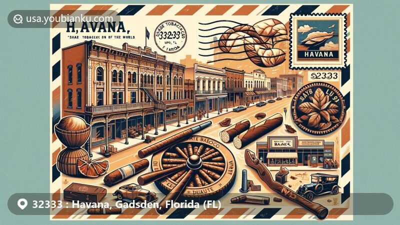 Modern illustration of Havana, Florida, ZIP code 32333, blending heritage with postal elements, featuring symbols of its Shade Tobacco Capital history like tobacco leaves, cigars, and vintage tobacco tools, alongside downtown cultural and architectural highlights like antique shops, boutiques, arts, murals, and the Shade Tobacco Museum.