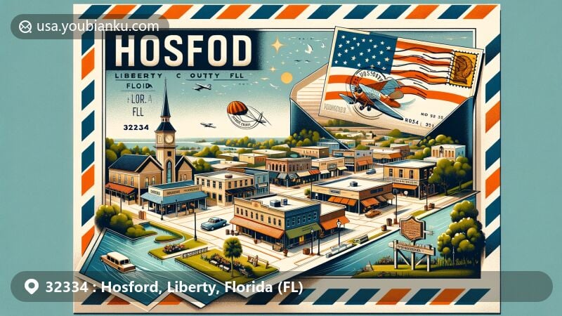 Modern illustration of Hosford, Liberty County, Florida, featuring a charming postcard concept with ZIP code 32334. The design includes a vintage airmail envelope revealing the town's beauty with shops, parks, and nature. The Florida state flag is subtly incorporated, symbolizing Hosford's location.