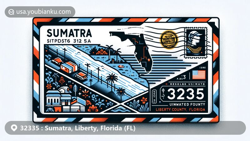 Modern illustration of Sumatra, Liberty County, Florida, showcasing postal theme with ZIP code 32335, featuring Florida state flag, Liberty County outline, rural scenery, stamp, and postal mark.