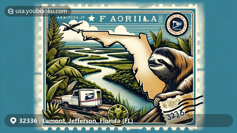 Modern illustration of Lamont, Florida, featuring a tropical bird or sloth from the North Florida Wildlife Center, highlighting the Aucilla River and green landscapes of Jefferson County. The image showcases a vintage air mail envelope with the ZIP code 32336, including a postal stamp of Florida with a star marking Lamont's location.