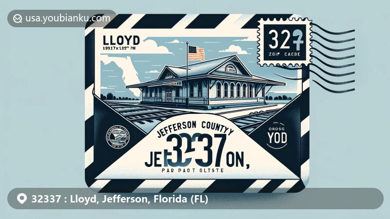 Modern illustration of Lloyd area, Jefferson County, Florida, showcasing Lloyd Railroad Depot symbolizing historical and postal identity, with Florida state flag, designed resembling an airmail envelope featuring ZIP code 32337. Background includes Jefferson County's outline for geographical context.