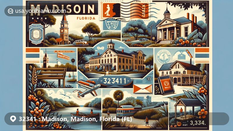 Modern illustration of Madison, Florida, showcasing postal theme with ZIP code 32341, featuring O'Toole's Herb Farm, Wardlaw-Smith House, St. Mary's Episcopal Church, and natural beauty of Cherry Lake.