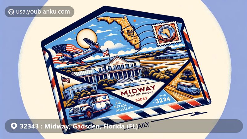 Modern illustration of Midway, Florida, with airmail envelope showcasing Midway Heritage Museum, Florida state flag, and Gadsden County outline, featuring ZIP Code 32343 and classic postal vehicle stamp.