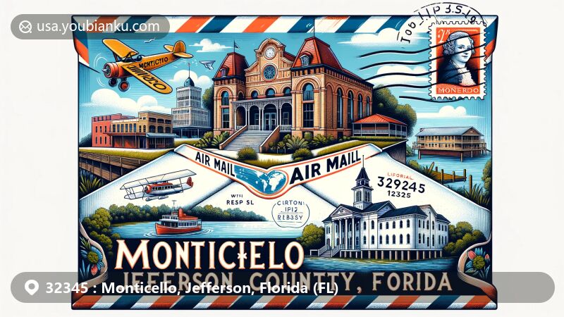Modern illustration of Monticello, Jefferson County, Florida, showcasing postal theme with ZIP code 32345, featuring Perkins Opera House, Jefferson County Courthouse, and Christ Episcopal Church, along with natural beauty of Wacissa River.