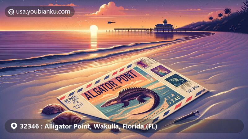 Illustration of Alligator Point, Wakulla, Florida (FL) with ZIP code 32346, showcasing natural beauty and postal elements against a sunset beach backdrop.