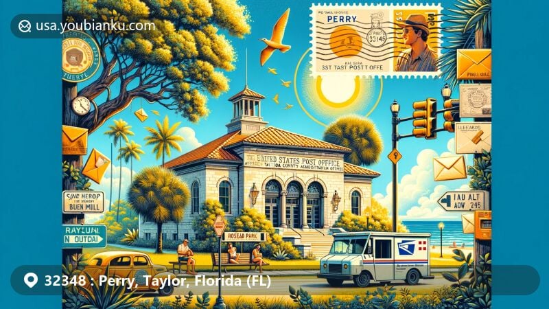 Modern illustration of Perry, Taylor County, Florida, showcasing natural beauty, historical post office building, Rosehead Park, Tree Capital of the South, vintage postal elements, and Keaton Beach.
