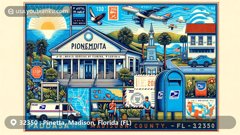 Modern illustration of Pinetta, Madison County, Florida, featuring rural landscapes, Florida sunshine, palm trees, and postal elements like airmail envelope or postcard background, stamps, and postmark with “Pinetta, FL 32350”. The artwork also includes a typical American blue mailbox and a postal exterior with 'Pinetta' signage, capturing the essence of postal culture in a vibrant and concise way.