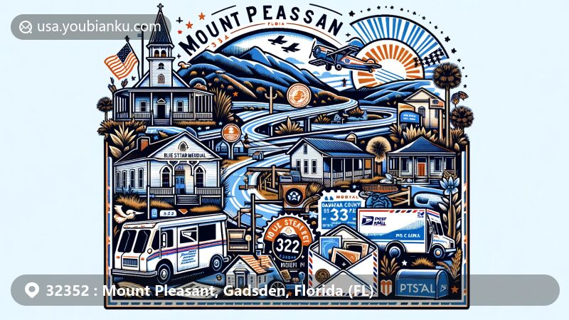 Modern illustration of Mount Pleasant, Gadsden County, Florida, featuring scenic and postal themes for ZIP code 32352, including Blue Star Memorial Highway and historic landmarks like E.C. Love House, John Lee McFarlin House, and Old Philadelphia Presbyterian Church.
