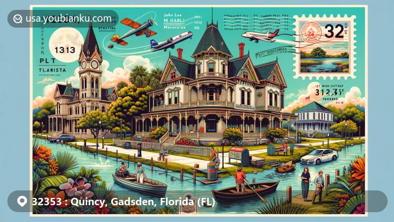 Modern illustration of Quincy, Florida, highlighting postal theme with ZIP code 32353, showcasing Victorian architecture of Quincy Historic District and natural beauty of Pat Thomas Park.