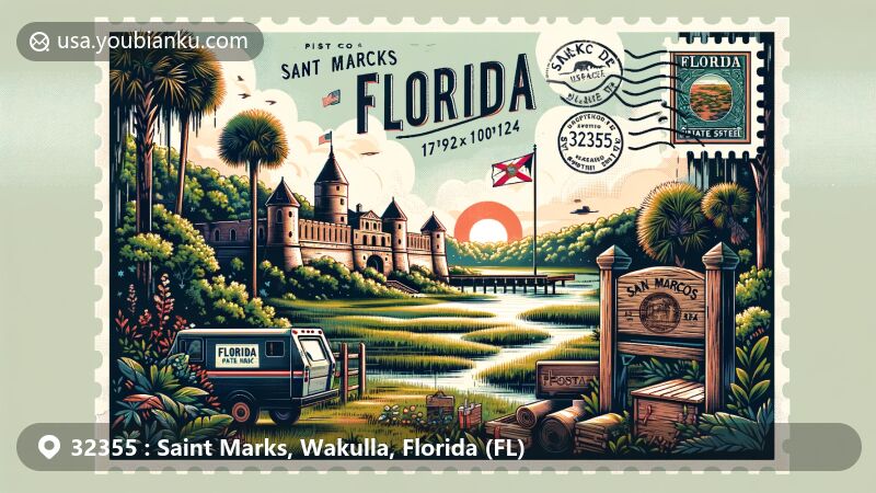 Modern illustration of Saint Marks, Florida, showcasing historic fortress and lush scenery of San Marcos de Apalache Historic State Park, with elements of Florida state flag, postal stamp, postmark, and ZIP code 32355.