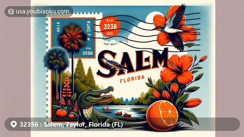 Modern illustration of Salem, Florida, with ZIP code 32356, showcasing natural beauty and rural charm, featuring Florida state flag, orange blossom, American alligator, mockingbird, and Sabal palm.