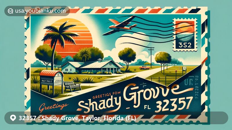 Modern illustration of Shady Grove, Taylor County, Florida, highlighting postal theme with vintage airmail envelope and postcard, featuring generic rural scenery and U.S. Route 221.
