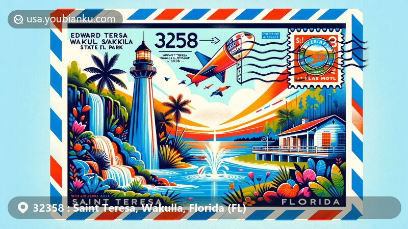 Modern illustration of Saint Teresa, Wakulla County, Florida, featuring airmail envelope design with landmarks like Edward Ball Wakulla Springs State Park and the St. Marks Lighthouse, incorporating the Florida state flag and postal elements like ZIP code 32358 and postmark for Saint Teresa, FL.