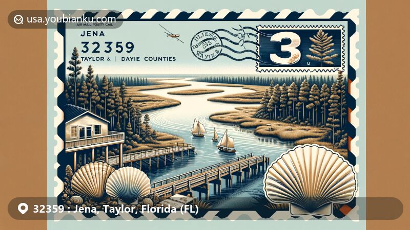 Modern illustration of Jena and Steinhatchee areas in Taylor and Dixie Counties, Florida, featuring a creative postal theme with scenic view of Steinhatchee River, cedar trees, scallops, and vintage postage stamp design.