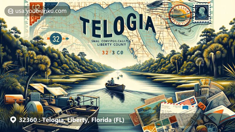 Modern illustration of Telogia, Liberty County, Florida, highlighting postal theme with ZIP code 32360, showcasing Telogia Creek and symbolic postal elements.